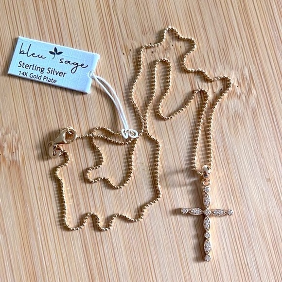 Brand New Bleu Sage 14K Gold Plated Sterling Silver 18" Chain Cross Necklace - Picture 9 of 12